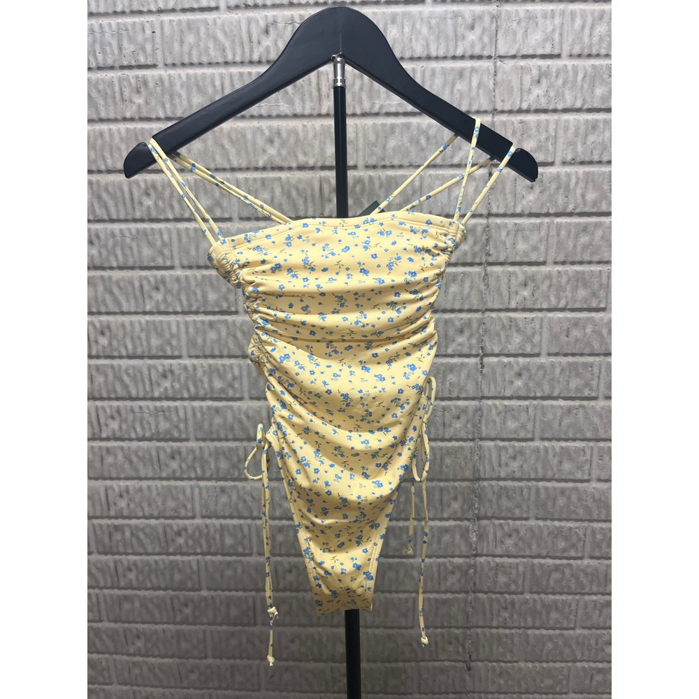 Wild Fable Yellow Floral Ruched One Piece Swimsuit High Leg XXS 00 New
